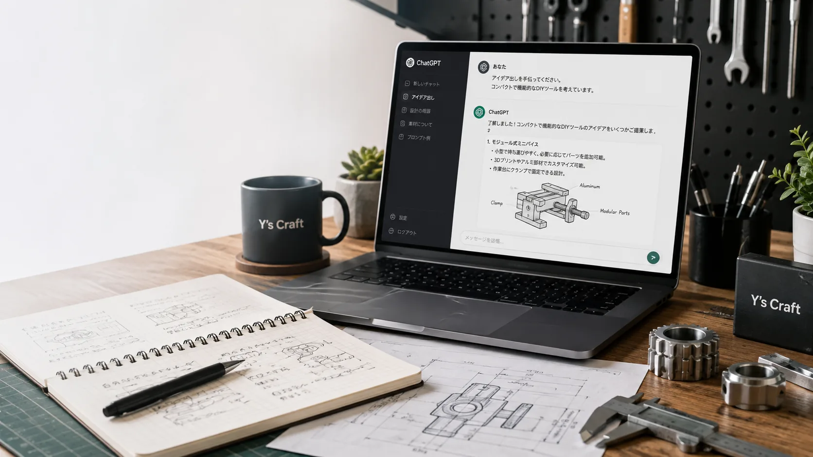 ChatGPTをものづくりや設計アイデアの検討に活用しているY's Craftの作業デスク