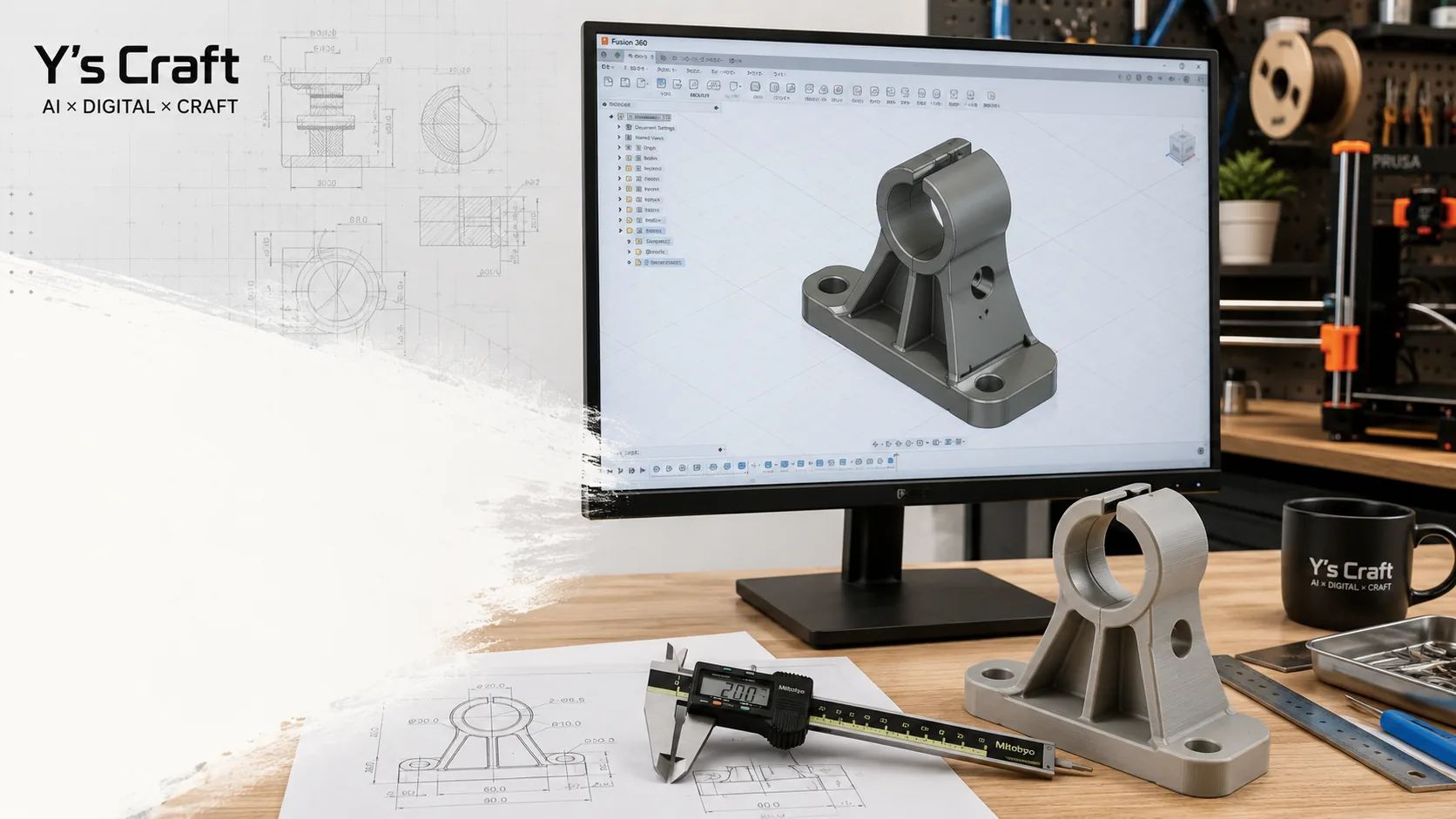 Fusion 360で3Dプリンター用ブラケットを設計し完成したパーツと比較している様子