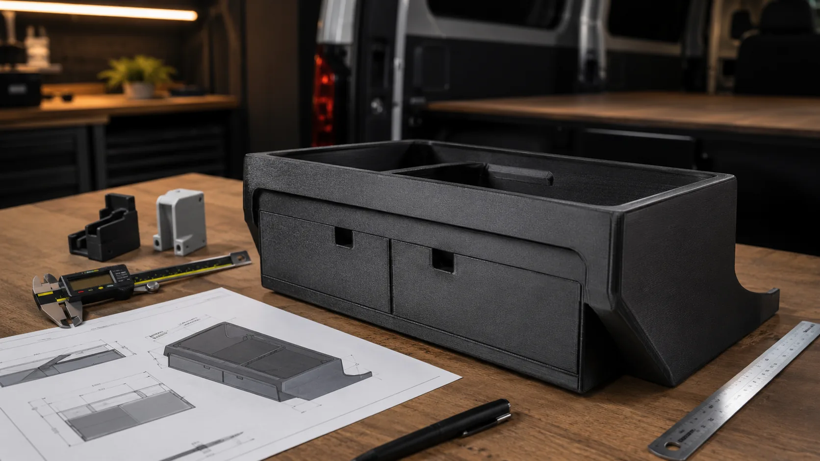 Fusion 360で設計し3Dプリンターで製作したハイエース用収納パーツと設計図